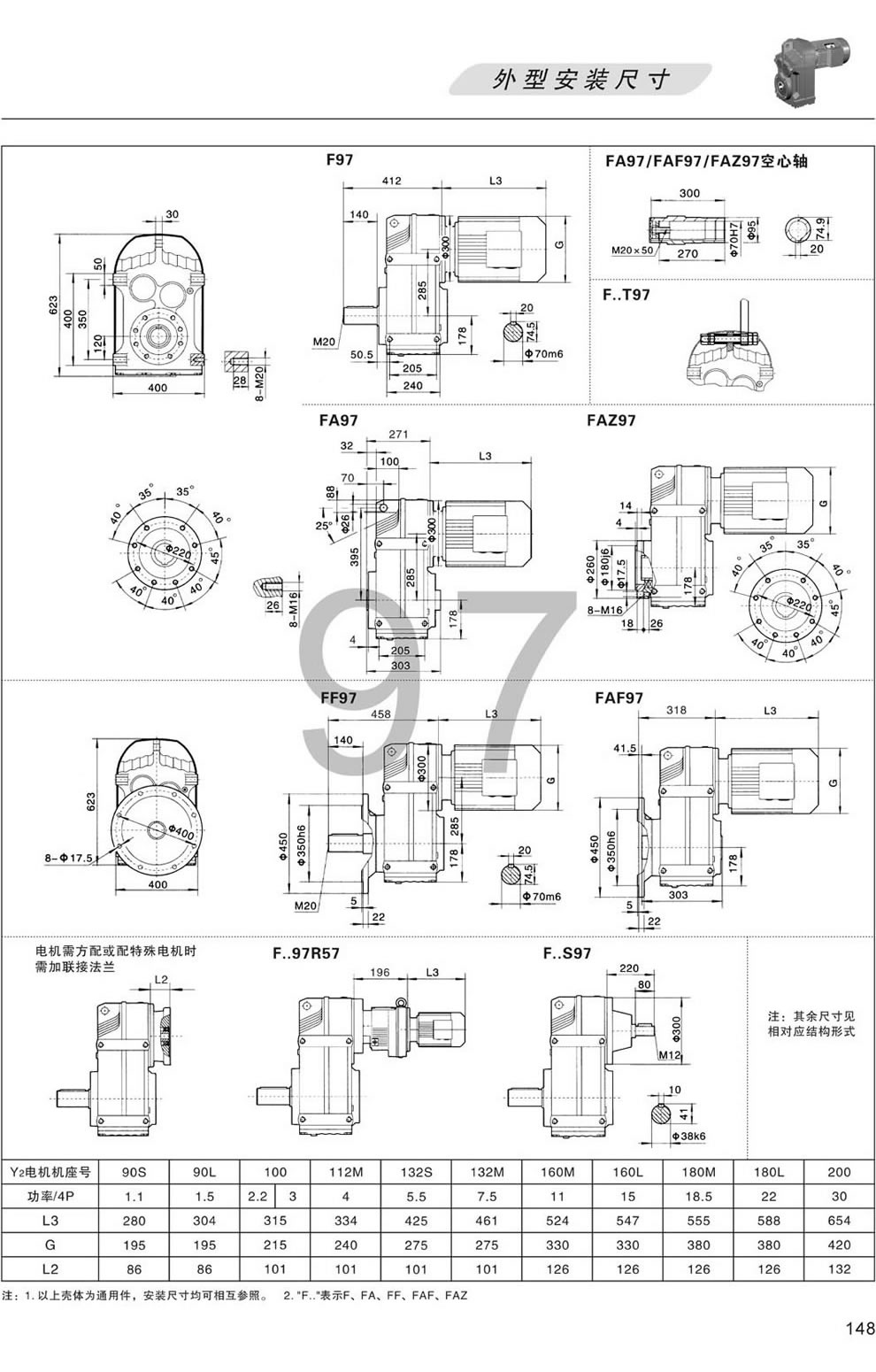 F系列平行軸斜齒輪減速機—F97 FA97 FF97 FAF97 FAZ97 FS97 FT97外形安裝尺寸圖(輸出軸徑70)