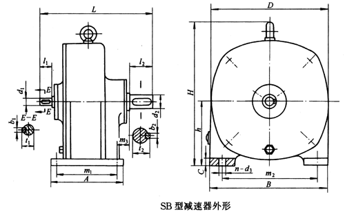 SB系列雙擺線針輪減速機外形及安裝尺寸、針齒中心圓直徑及傳動比